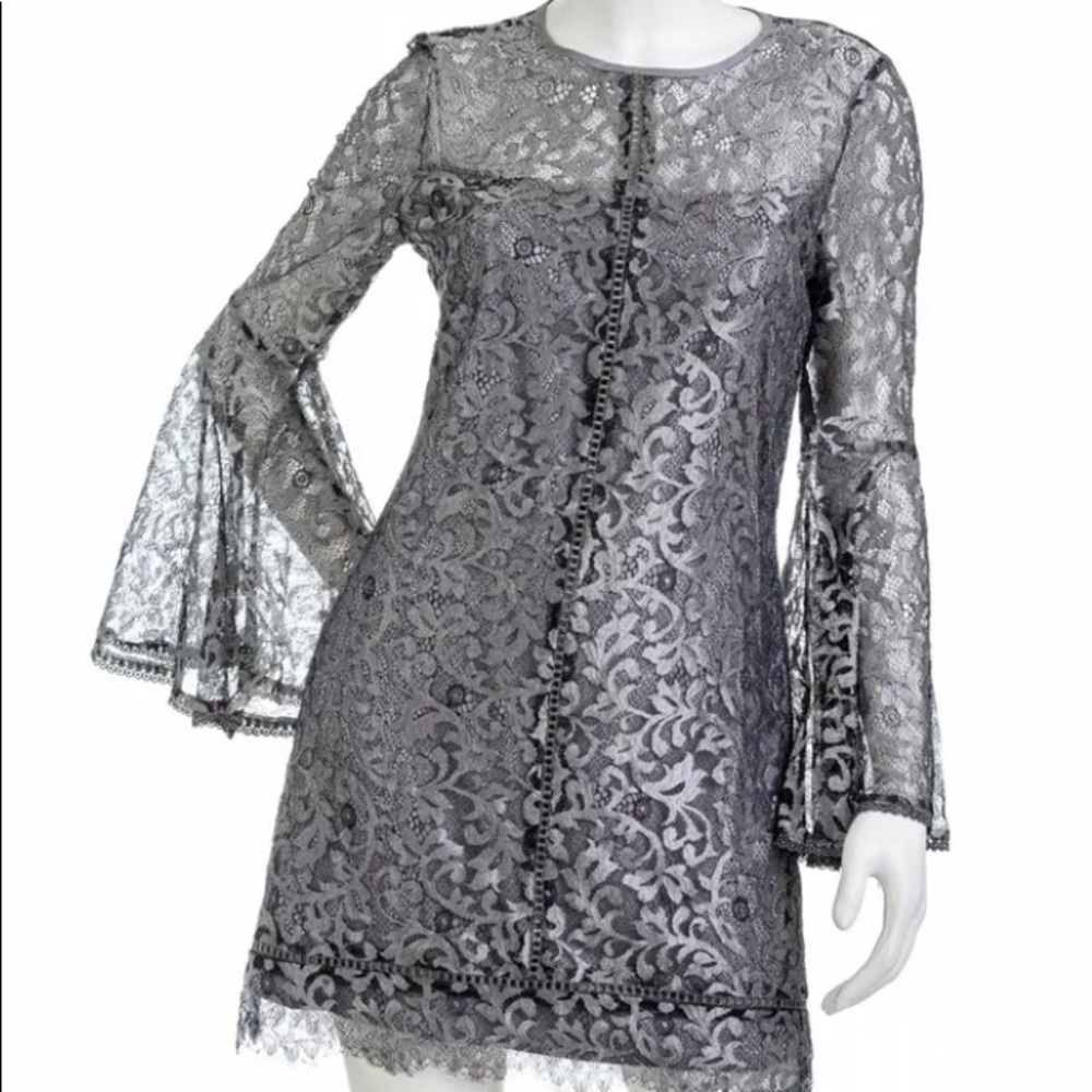 WHBM Grey Silver Bell Sleeve Lace Cocktail Dress